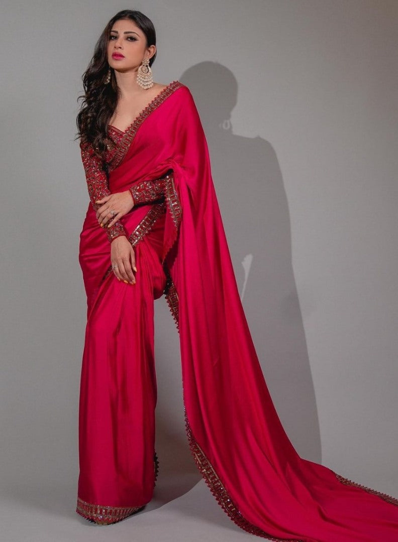 Red japan satin sequence work designer party wear saree