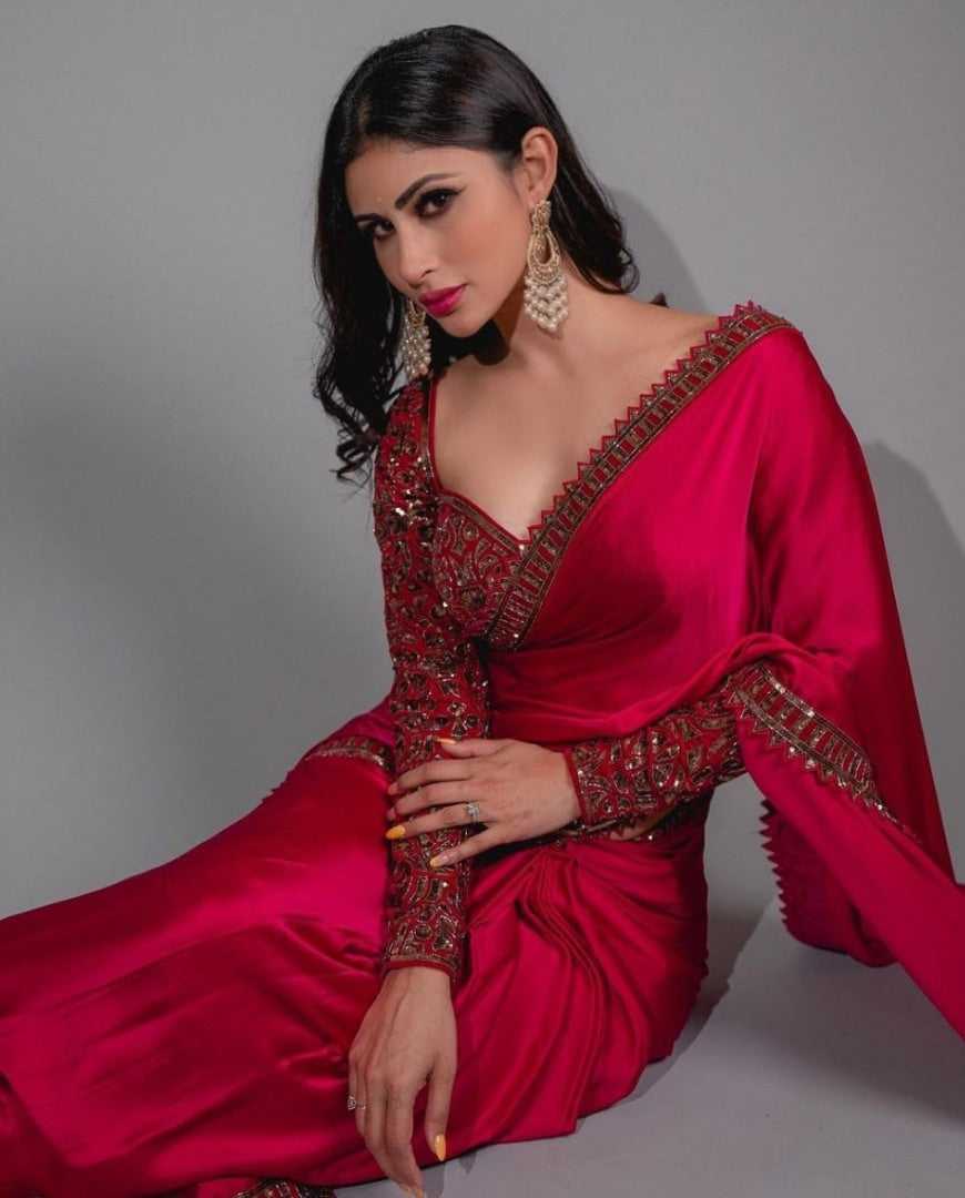 Red japan satin sequence work designer party wear saree