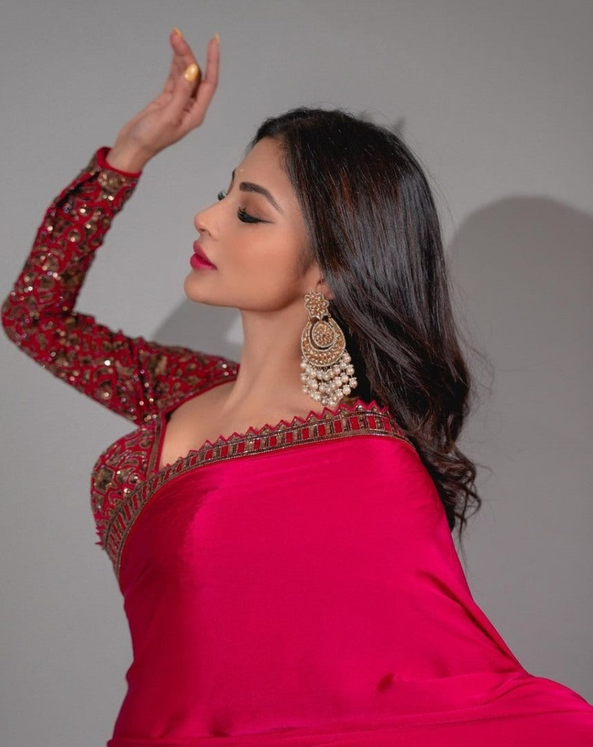 Red japan satin sequence work designer party wear saree