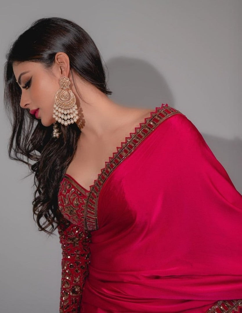 Red japan satin sequence work designer party wear saree