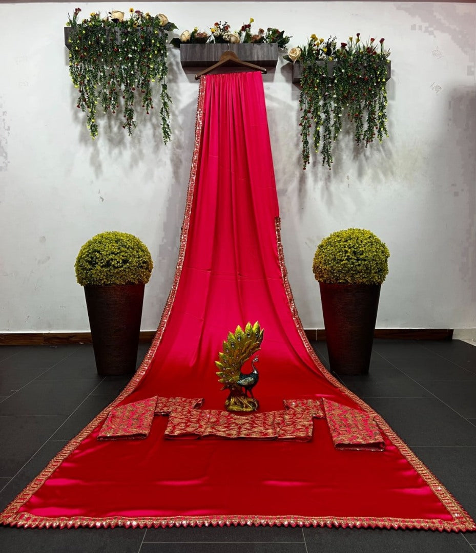 Red japan satin sequence work designer party wear saree