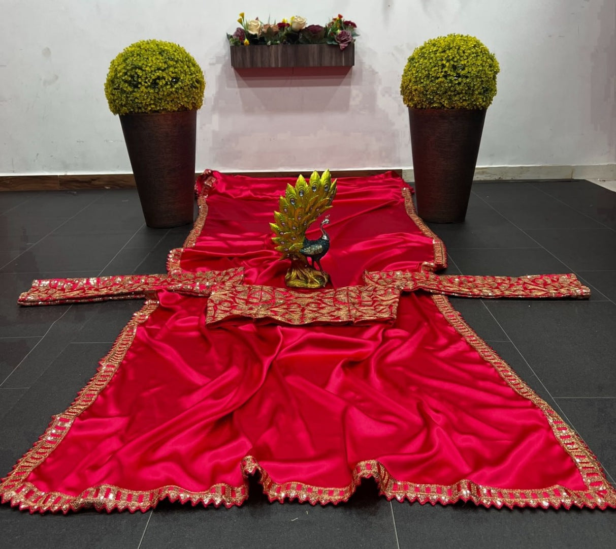 Red japan satin sequence work designer party wear saree