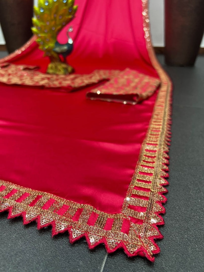 Red japan satin sequence work designer party wear saree