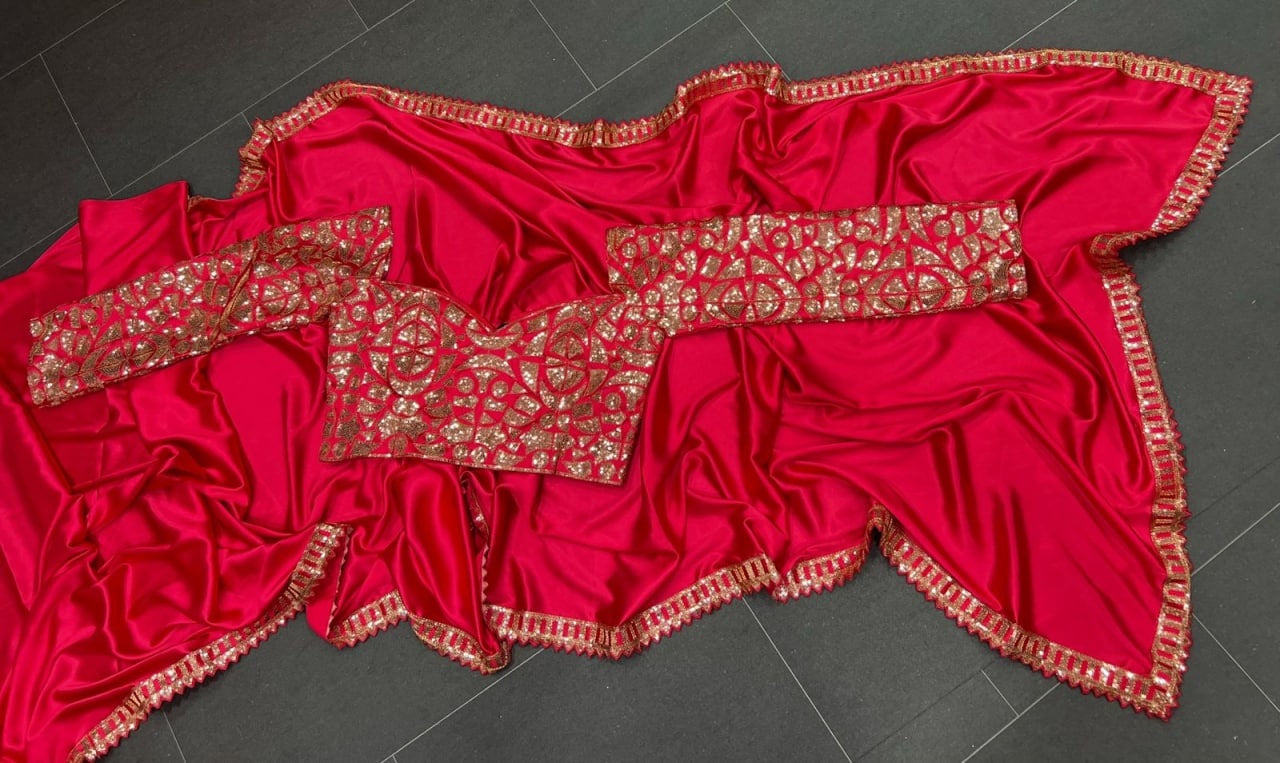 Red japan satin sequence work designer party wear saree