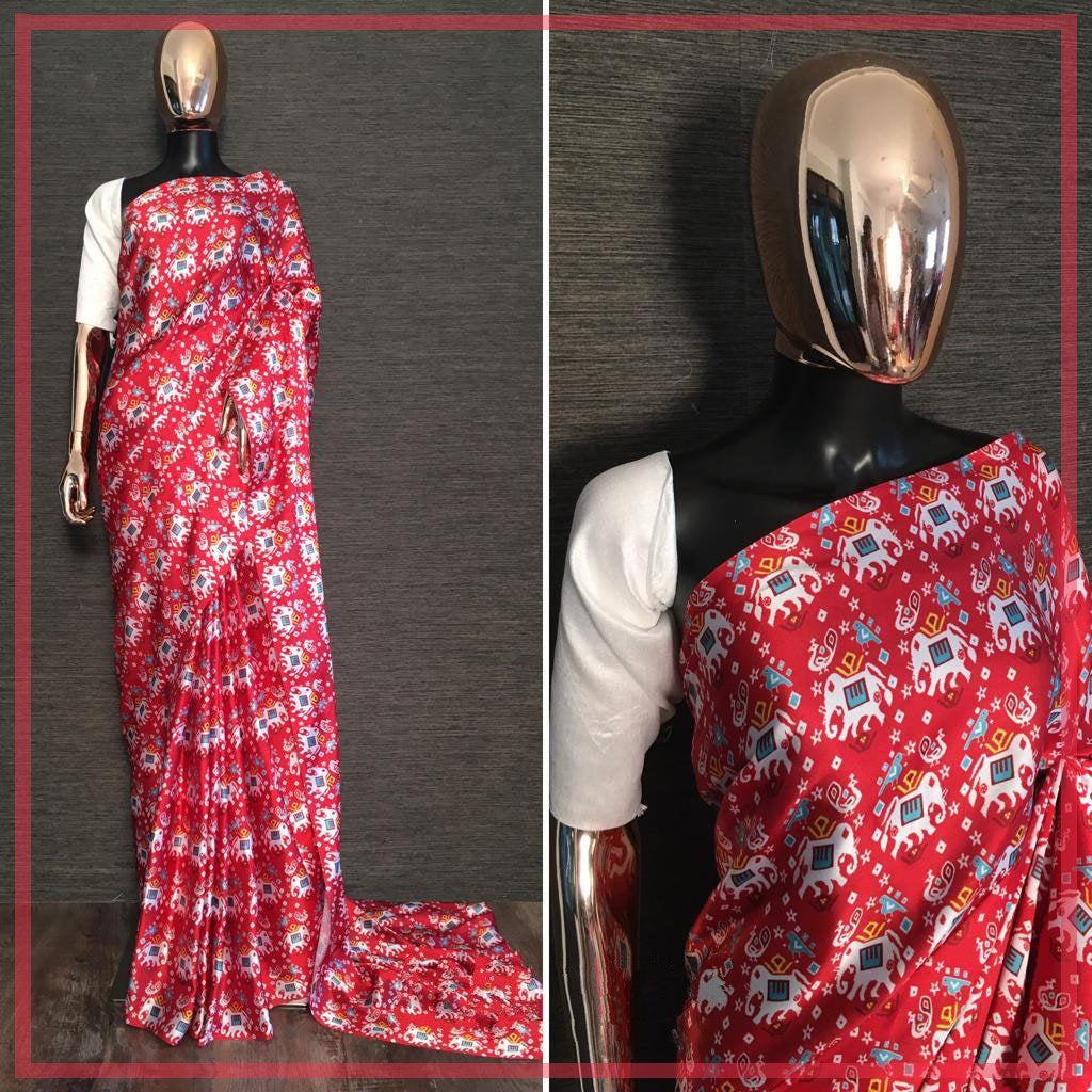 Red japan satin silk digital printed saree