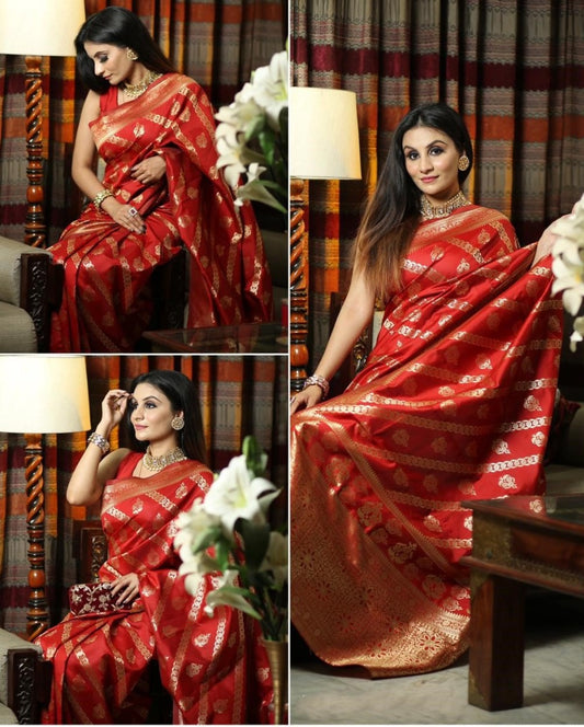 Red lichi silk jacquard weaving work wedding saree