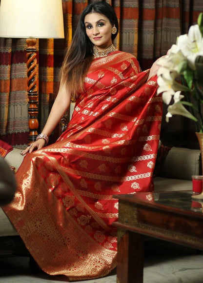 Red lichi silk jacquard weaving work wedding saree