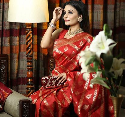 Red lichi silk jacquard weaving work wedding saree