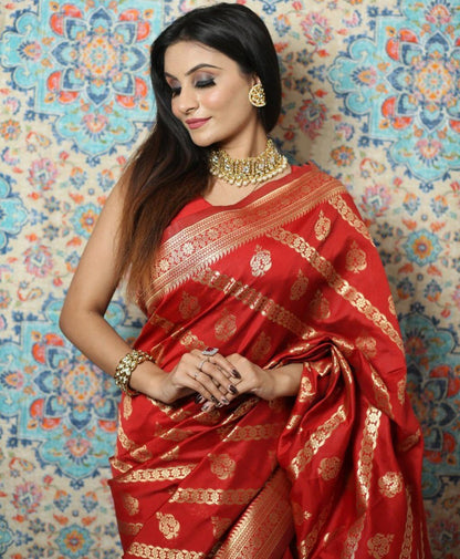 Red lichi silk jacquard weaving work wedding saree