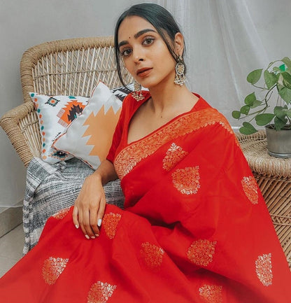 Red lichi silk jacquard weaving work wedding saree