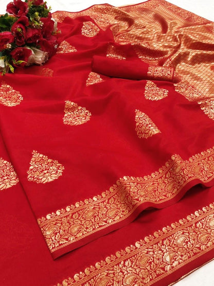 Red lichi silk jacquard weaving work wedding saree