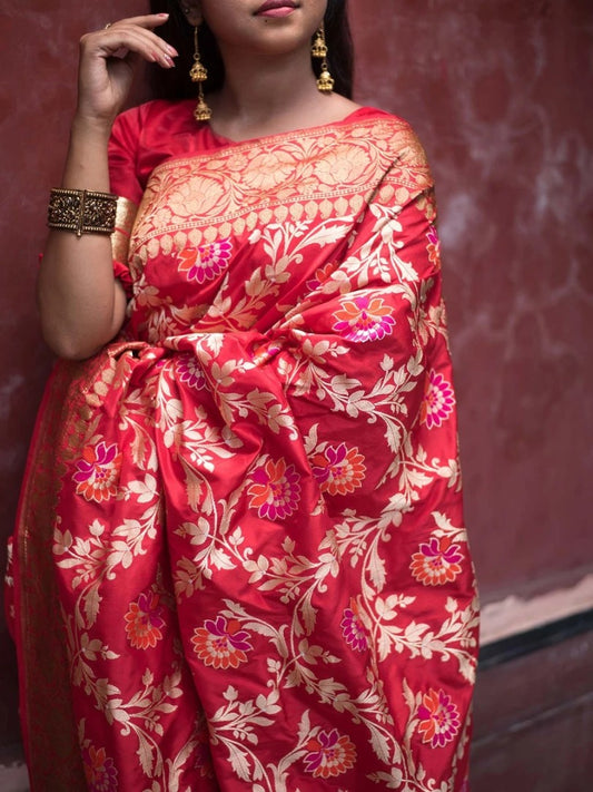 Red lichi soft silk weaving saree with jacquard blouse