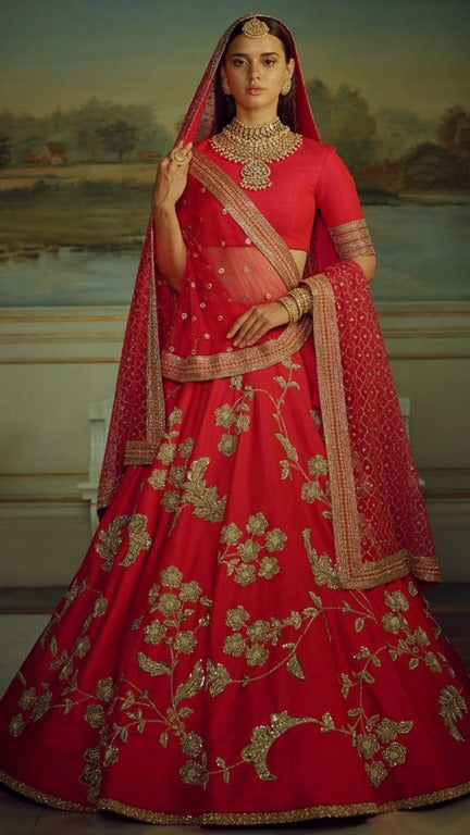 Red malai satin heavy embroidered designer bridal lehenga