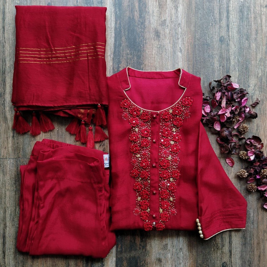 Red malai satin silk fancy thread and handwork salwar suit