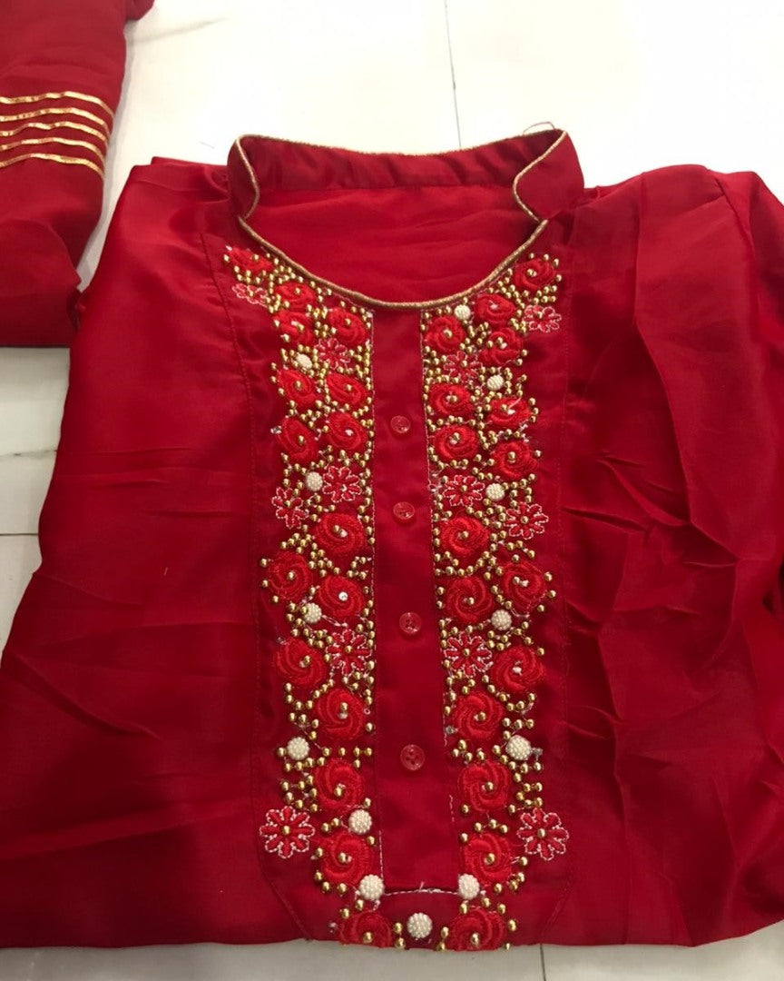 Red malai satin silk fancy thread and handwork salwar suit
