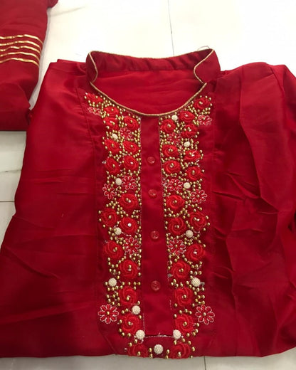Red malai satin silk fancy thread and handwork salwar suit