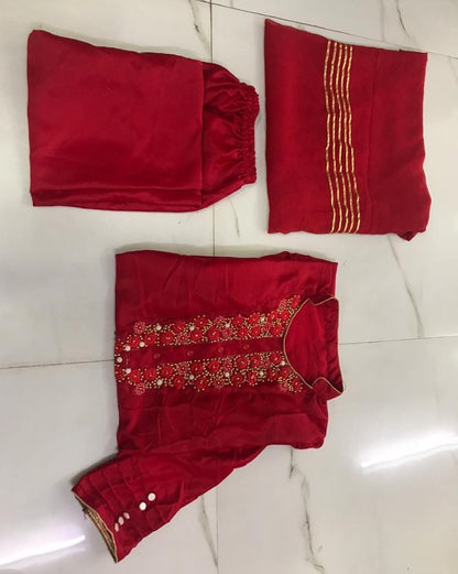 Red malai satin silk fancy thread and handwork salwar suit