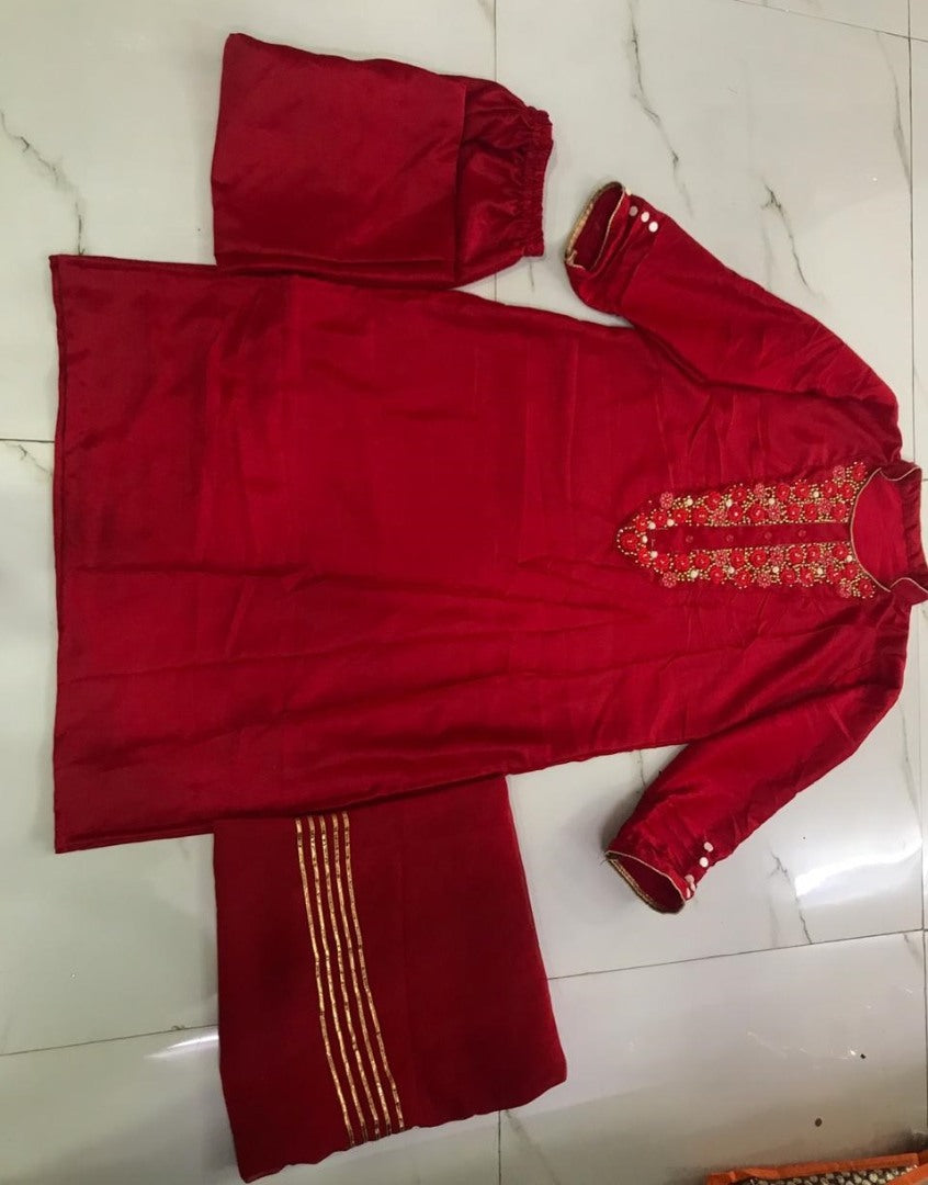 Red malai satin silk fancy thread and handwork salwar suit