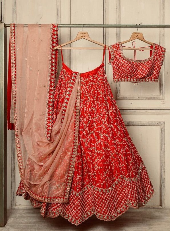 Red malai silk heavy embroidered wedding lehenga choli