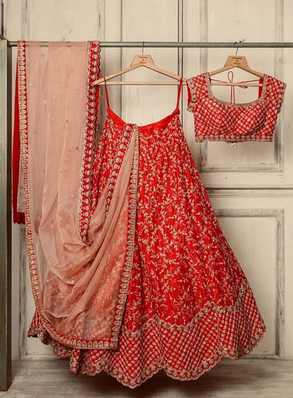 Red malai silk heavy embroidered wedding lehenga choli