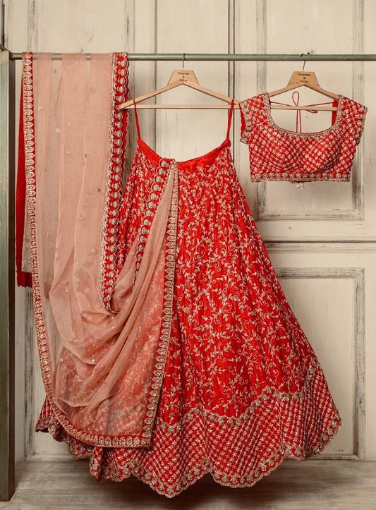 Red malai silk heavy embroidered wedding lehenga choli
