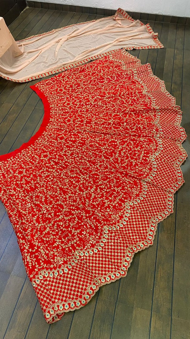 Red malai silk heavy embroidered wedding lehenga choli