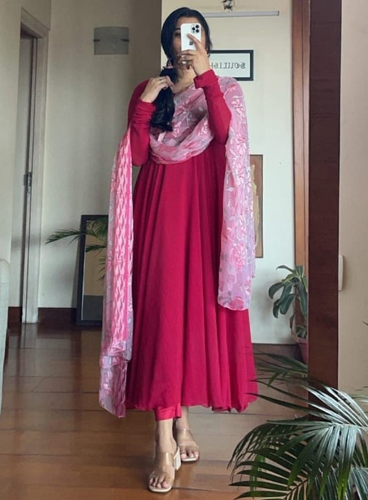 Red maslin cotton anarkali suit with printed dupatta