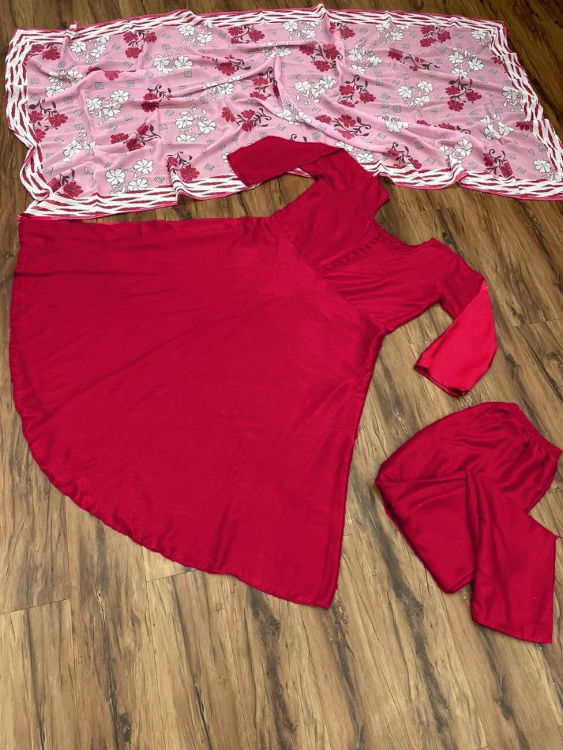 Red maslin cotton anarkali suit with printed dupatta