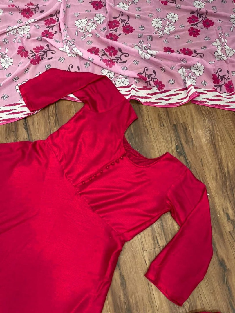 Red maslin cotton anarkali suit with printed dupatta