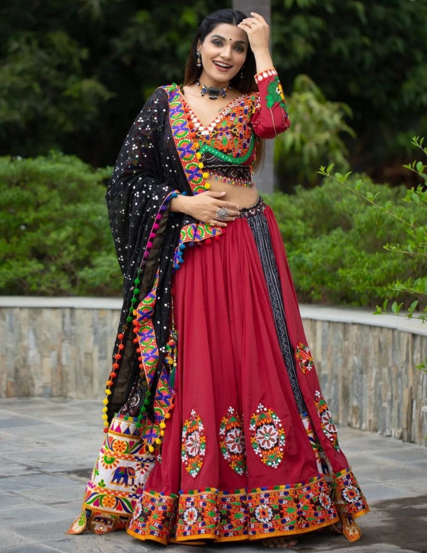 Red mirror work gujarati garba ghagra navratri lehenga chaniya choli