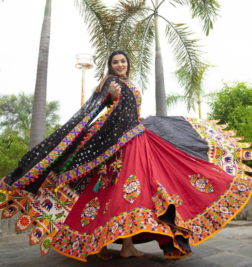 Red mirror work gujarati garba ghagra navratri lehenga chaniya choli