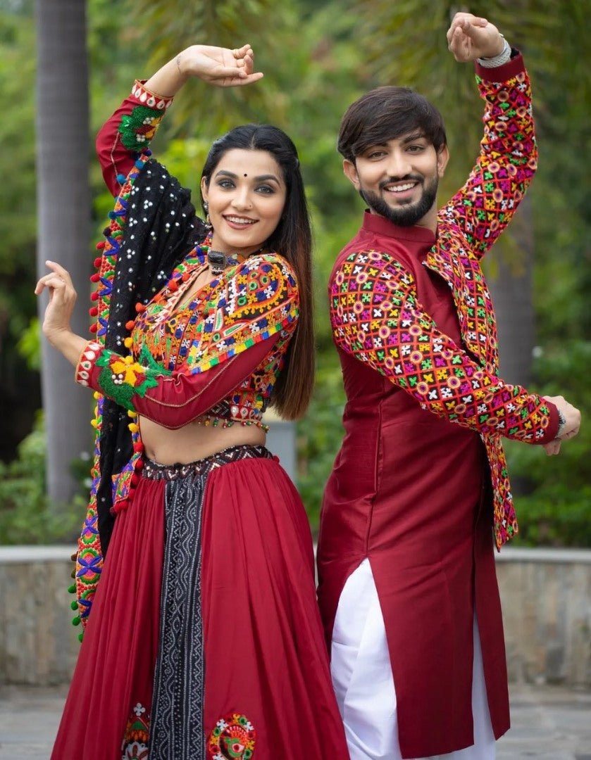 Red mirror work gujarati garba ghagra navratri lehenga chaniya choli