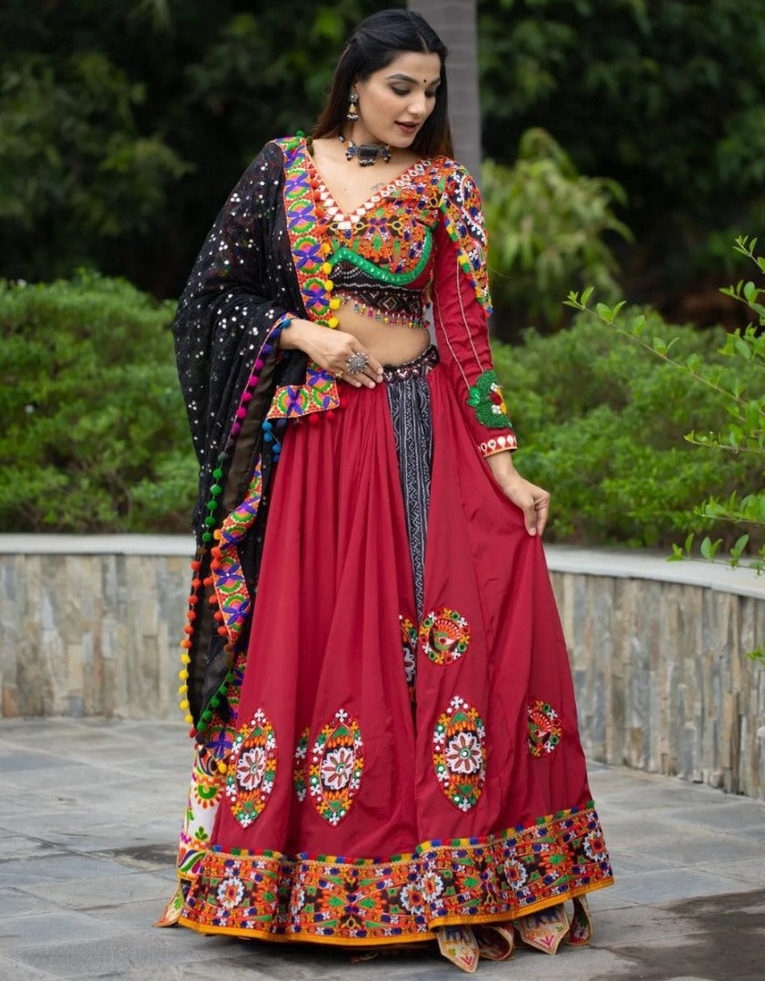 Red mirror work gujarati garba ghagra navratri lehenga chaniya choli