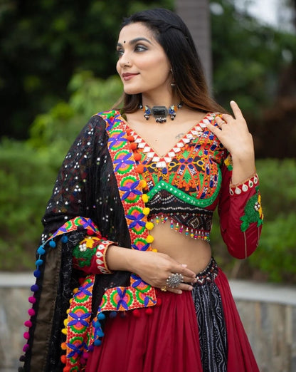 Red mirror work gujarati garba ghagra navratri lehenga chaniya choli