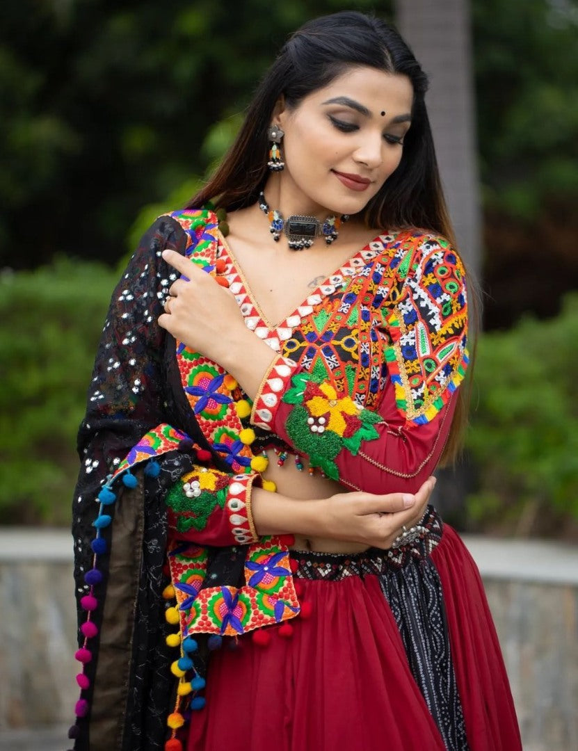 Red mirror work gujarati garba ghagra navratri lehenga chaniya choli