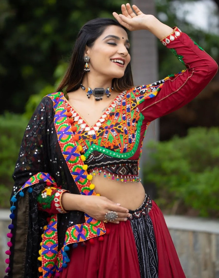 Red mirror work gujarati garba ghagra navratri lehenga chaniya choli