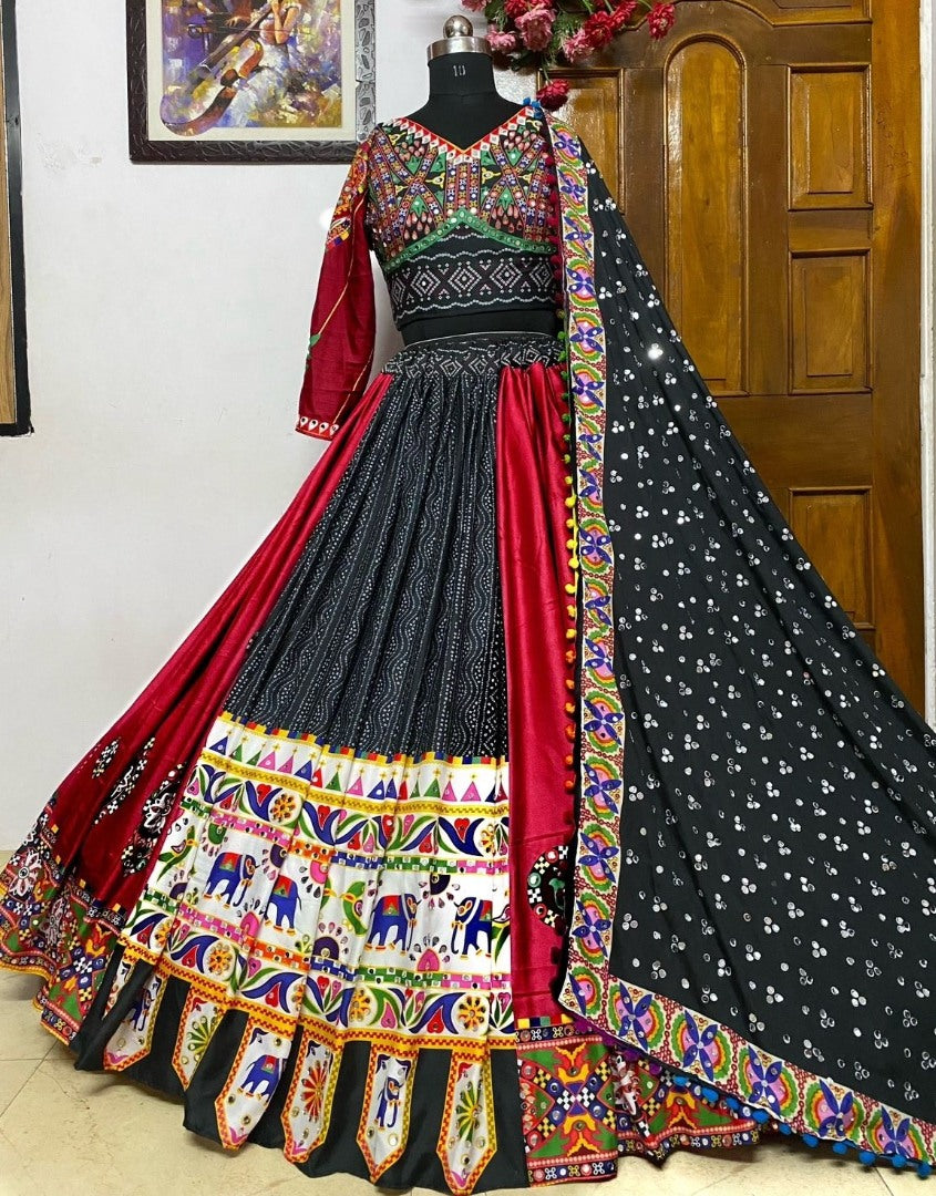 Red mirror work gujarati garba ghagra navratri lehenga chaniya choli