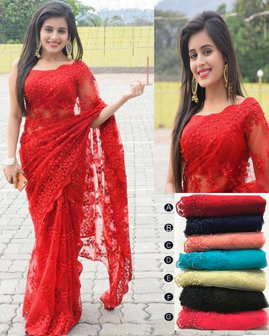 Red mono net heavy embroidered partywear saree