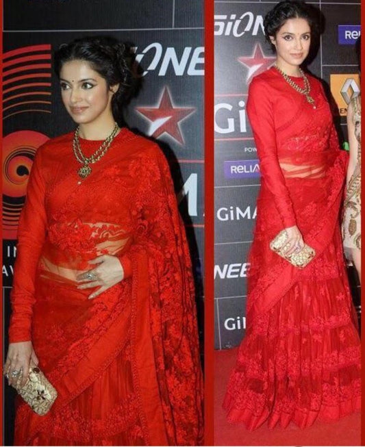 Red mono net heavy embroidered partywear saree