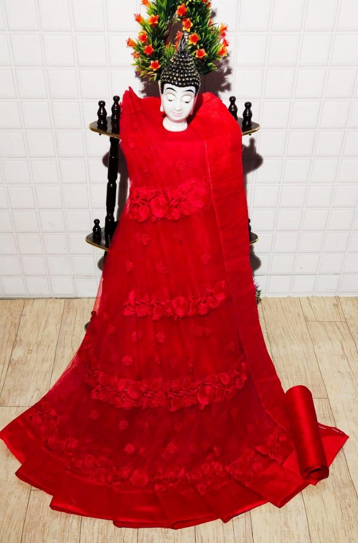 Red mono net heavy embroidered partywear saree