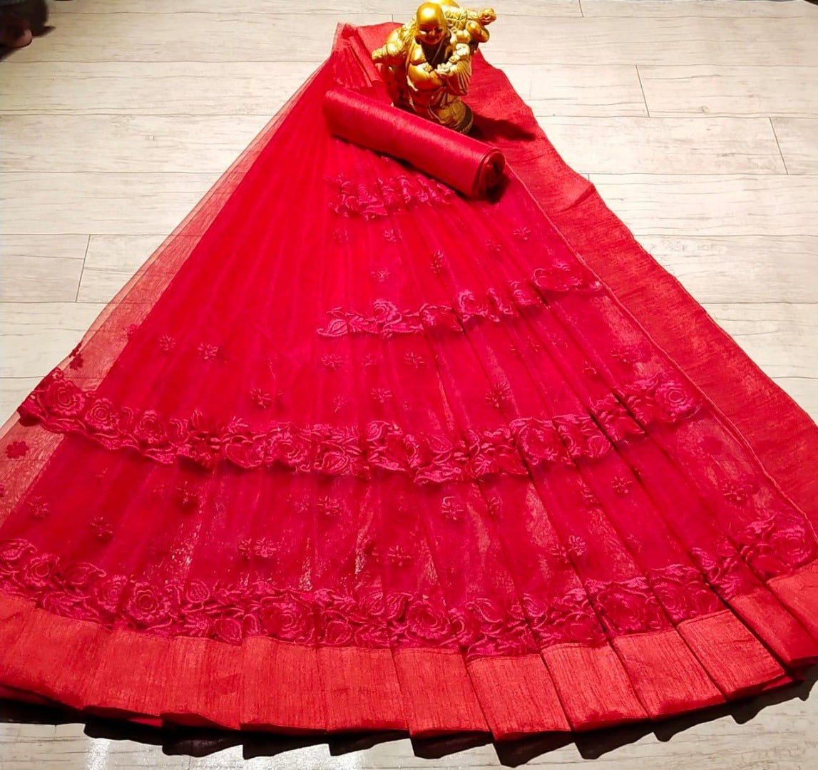 Red mono net heavy embroidered partywear saree
