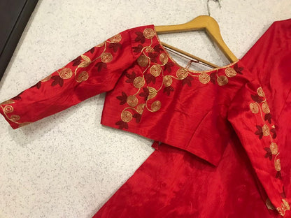 Red mulbari silk partywear lehenga with embroidered choli