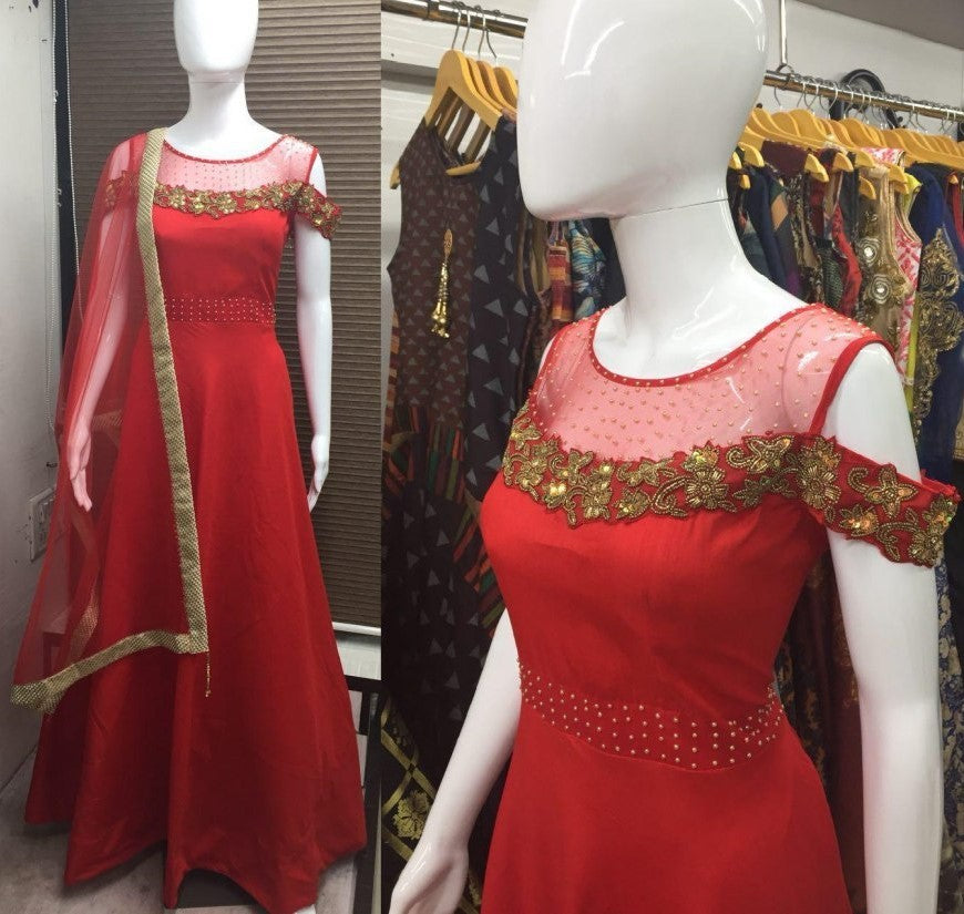 red muskan silk handworked partywear gown