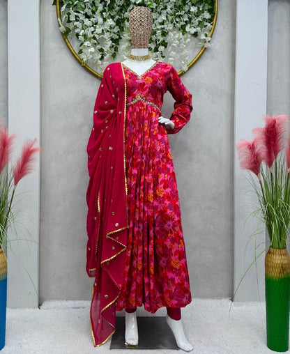 Red muslin floral printed alia cut suit