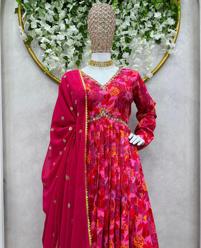 Red muslin floral printed alia cut suit