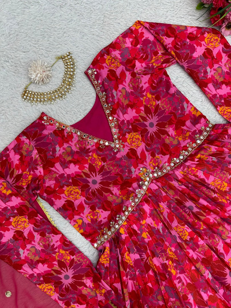 Red muslin floral printed alia cut suit