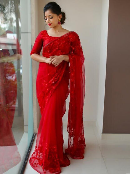 Red net chainstitch embroidered partywear saree