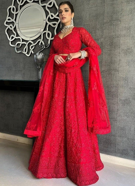 Red net coding heavy dori work wedding lehenga choli