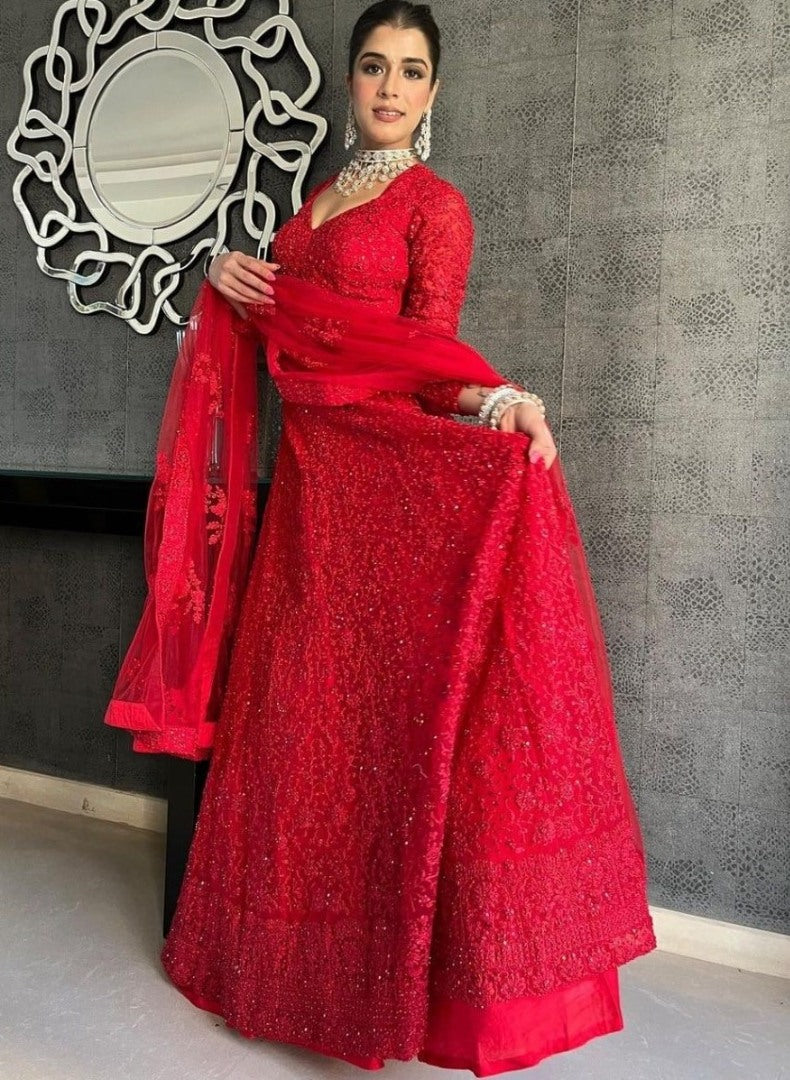 Red net coding heavy dori work wedding lehenga choli