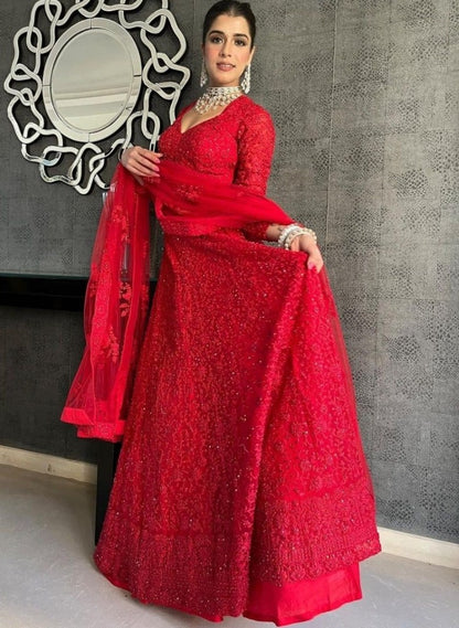 Red net coding heavy dori work wedding lehenga choli